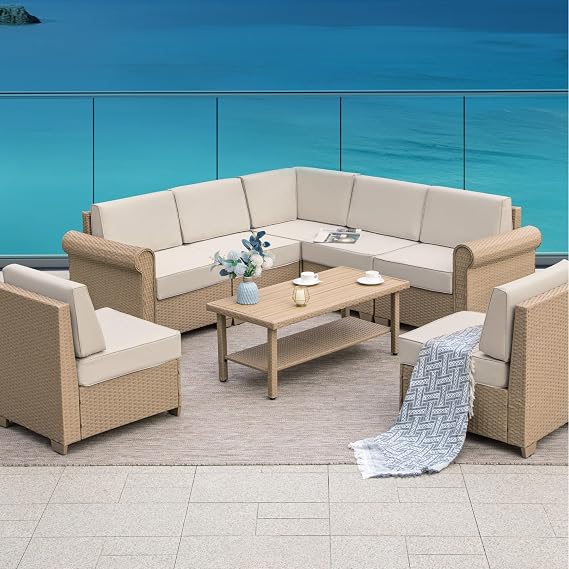 Patio Furniture Set 8 Piece, Wicker Rattan Sectional Sofa Couch with 5.5" Thick Waterproof Cushion and Coffee Table, L Shape All weather Outdoor Conversation Set for Lawn Backyard Deck, Beige