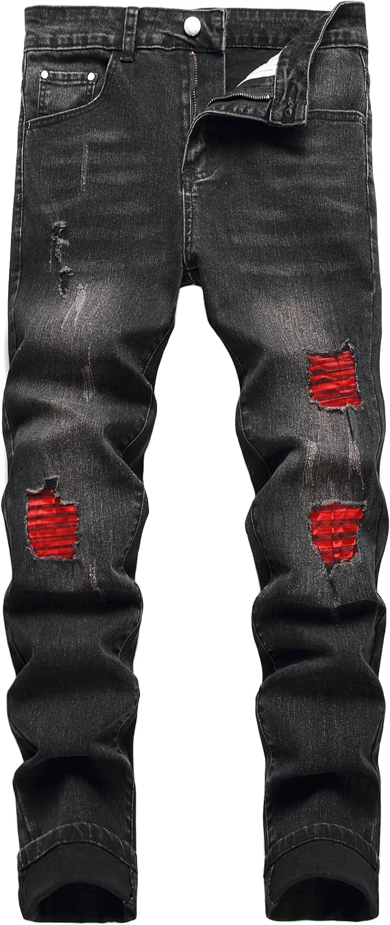 Men's Slim Fit Stretch Jeans Ripped Skinny for Men, Distressed Destroyed Straight Leg Fashion Comfort Flex Waist Jeans, Teenager Casual Fashion Designer Classic Regular Fit Basic Denim Pants