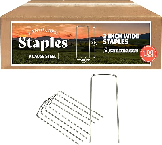 Sandbaggy 2 Inch Extra Wide Landscape Pins - Garden Staples Heavy Duty - Ground Cover Anchors - Lawn Nails - Garden Stakes (100 Staples)