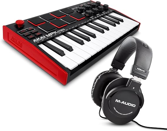 MIDI Controller Bundle - AKAI Professional MPK Mini MK3 MIDI Keyboard with MPC Beats Production Software and M-Audio HDH40 Over Ear Headphones