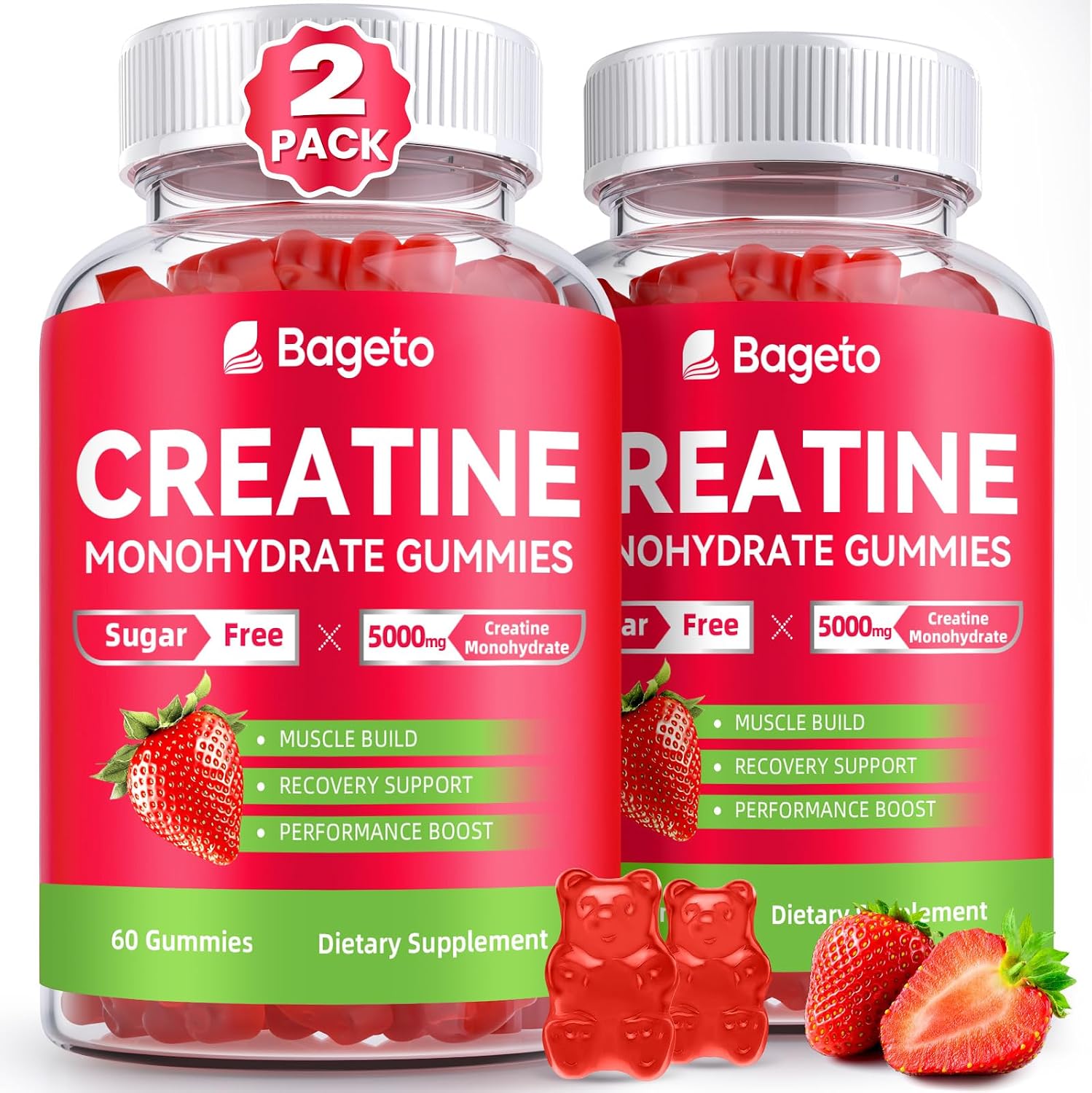 Creatine Monohydrate Gummies 5g for Men Women,Sugar Free Creatine for Muscle Growth, Recovery Faster, Preworkout Gummies with Creatine,Vegan,Gluten-Free,Strawberry 60 CountPack of 2