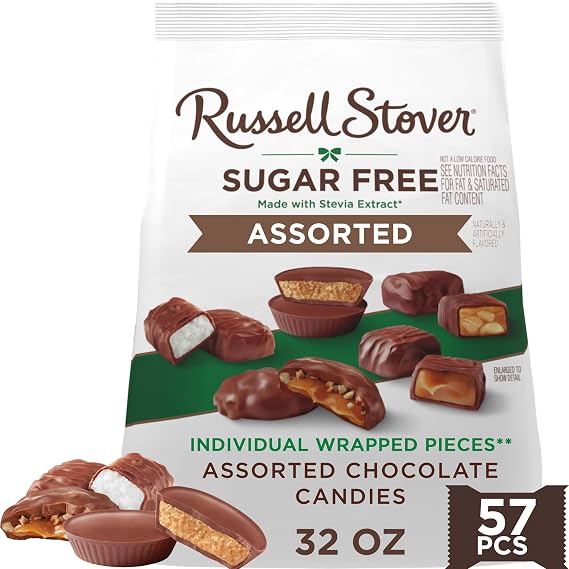 RUSSELL STOVER Sugar Free Assorted Chocolate Candy, 32 oz. bag | ZERO SUGAR, STEVIA EXTRACT, DESSERT, SNACKING, ASSORTED CHOCOLATE, ASSORTED FLAVORS