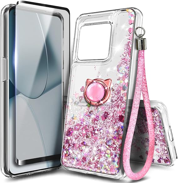 NZND Case for OnePlus 10 Pro 5G with Tempered Glass Screen Protector (Maximum Coverage), Ring Holder/Wrist Strap, Glitter Liquid Floating Waterfall Girls Cute Phone Case (Rose Gold)