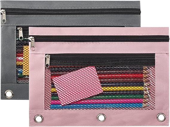 Pencil Pouch 3 Ring, Zipper Pencil Pouches Case Binder Cosmetic Bag 2 Pack