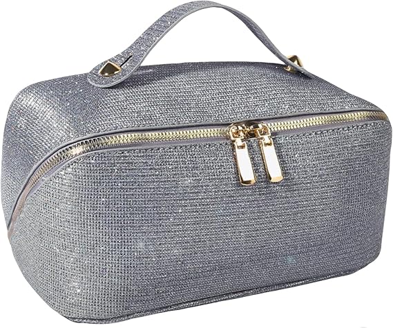 Makeup Bag for Women Large Capacity, Waterproof Travel Cosmetic Bag | PU leather makeup organizer with dividers & 180 wide opening, Portable toiletry bag with handle, Silver