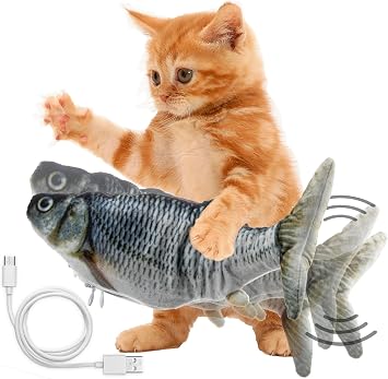 5 STAR SUPER DEALS Cat Flipping n Flopping Fish Cat Toy - Realistic Wiggling Interactive Automatic Motion Activate Motorized Plush Cat Toy - USB w/Catnip Pouch - 2 Speeds