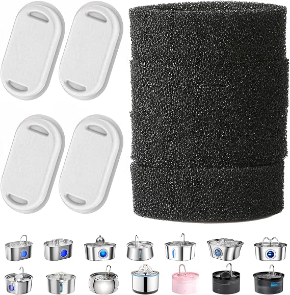Invengo 8-Pack Cat Water Fountain Filters 4 Filters + 4 Sponges, Replacement for Pet Water Fountain, PP Cotton and Coconut Shell Activated Carbon for Cat Water Dispenser