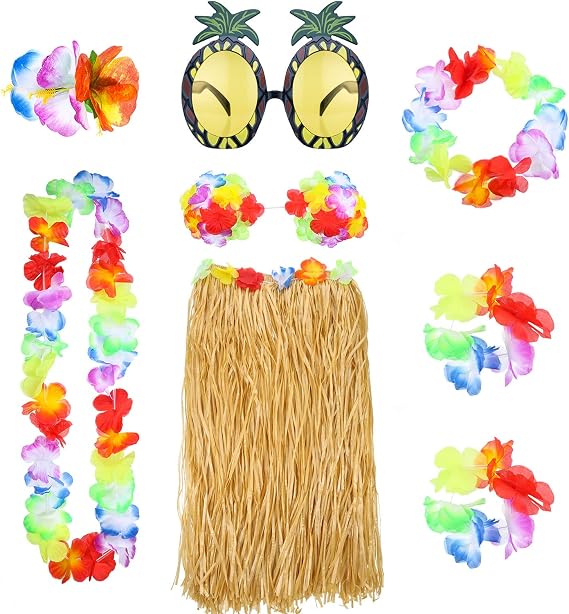8 Pcs Hawaiian Hula Grass Skirt with Pineapple Sunglasses Flower Bikini Top Accessories for Women Luau Party Decors