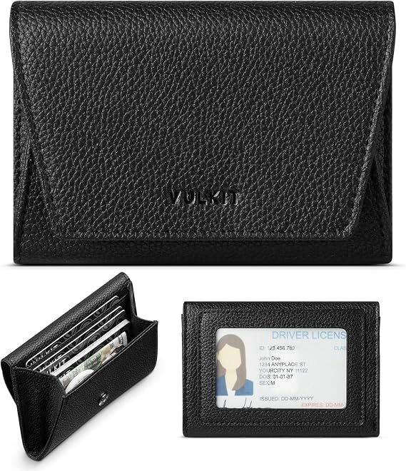 VULKIT Credit Card Holder for Women with Clear ID Window on the Back, RFID Blocking Card Wallet, One Large Pocket for Cash, Coins, and Cards, Jet Black