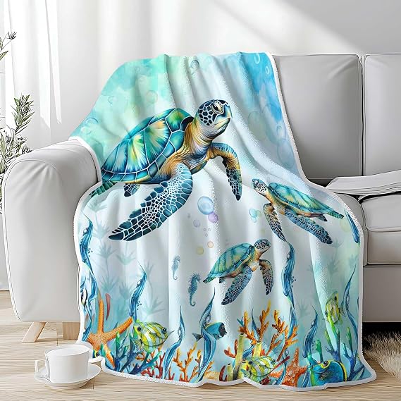 Turtle Blanket Sea Animal Starfish Throw Blanket Kids Blankets Throws Sea Turtle Gifts for Women Boys Girls Aqua Teal Blue Super Soft Cozy Flannel Throw Blanket for Couch Sofa Bed 50"x 60"