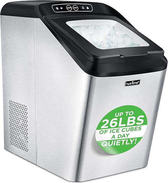 NutriChef Countertop Nugget Ice Maker Machine - Electric Nugget Ice Maker Countertop with Ice Scoop and Basket, Includes Rear-Mounted Hose Drainage, Compact, Convenient, and Incredibly Fast - NCICNUG