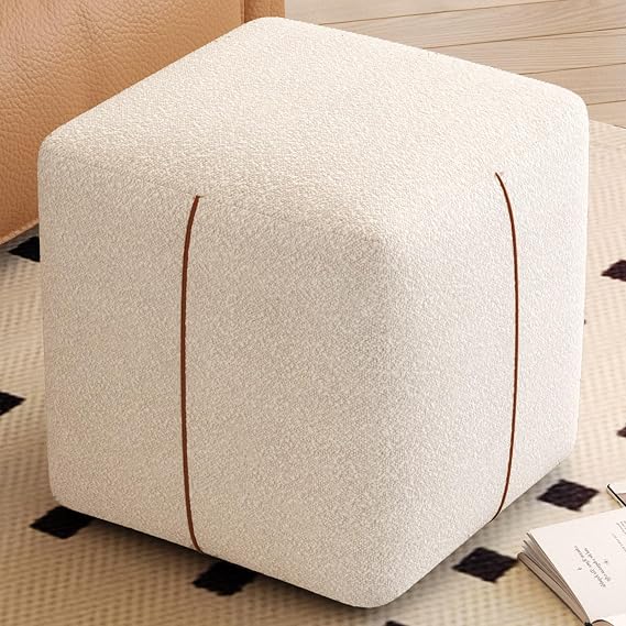Square Pouf Ottoman Footstool, Modern Cute Ottoman for Living Room, Beige Stool Foot Rest, Upholstered Poofy Stool for Couch, Cute Vanity Chair Backless for Makeup Room Bedroom