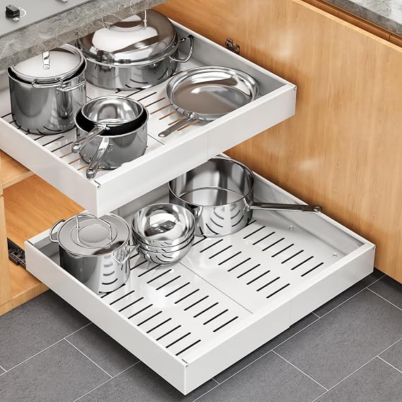 Pull out Cabinet Organizer, 1 pack, 20.5" Deep Heavy Slide out Drawers, Upgrade Three Triple-Slide Rail Systems, Expandable 12.8"-20.8" Roll out Shelf Storage for Kitchen Base Cabinet Organization