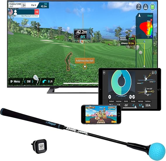 PHIGOLF Home Golf Simulator, Motion Sensor & 3D Analysis for Practice & Fun | Interactive Golf game with Motion Sensor & Swing Stick, Indoor & Outdoor, 38,000+ Courses, Mobile & E6 Connect (23.6")