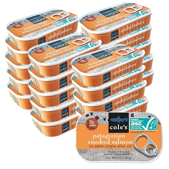 COLE'S SEAFOOD - Hand Packed Smoked Salmon in Extra Virgin Olive Oil, Preservative Free Seafood, Canned Fish, High in Protein, 3.2 oz Can | Pack of 20