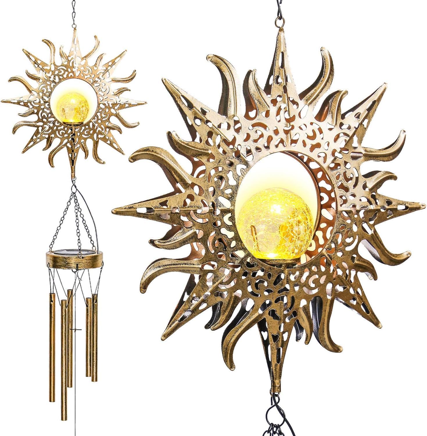 Sun Moon Solar Wind Chime Light - Outdoor LED Garden Night Windbell Waterproof Chime Ambience Light Lamp - Lamp for Patio Deck Lawns Yard Patio Deck Garden Sun