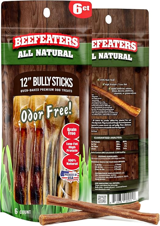 Beefeaters 12in Bully Sticks 6ct All-Natural, Long-Lasting Dog Chews, Ideal for Large Dogs & Puppies, Promotes Oral Health, Digestible, No Additives, High Protein, Safe for Teething Puppies