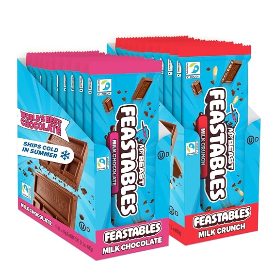 MrBeast Feastables Milk Chocolate Combo Pack, 20 Count, King Size, 2.1oz | Milk chocolate & crunch candy bars, fairtrade cocoa, ships cold, clean ingredients, no additives, sharable, snacks, gifts