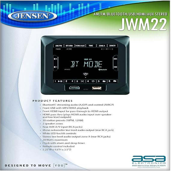 Jensen JWM22 2-Speaker Zones AM/FM|BT|HDMI|AUX Cube Wall Mount Stereo, Speaker Output 4X 6 Watt, 30 Station Presets (18FM/12AM), Receives Bluetooth Audio (A2DP) and Controls (AVRCP) from Devices