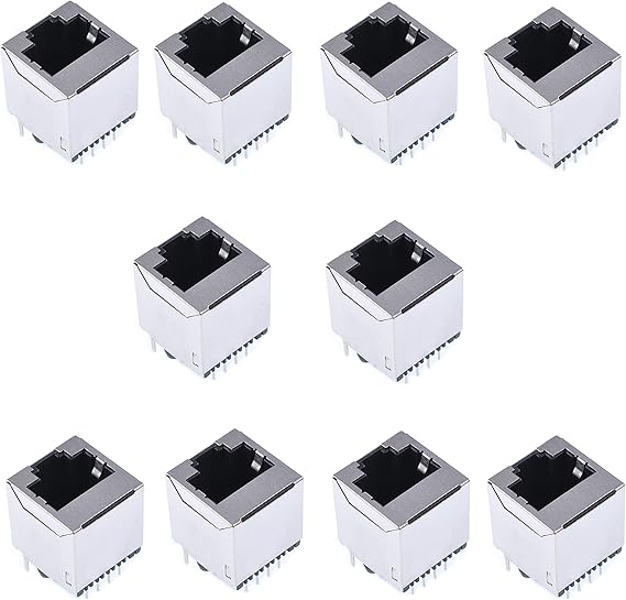 10-Pack Shielded RJ45 8P8C PCB Mount Modular Jack Connector, 180-Degree Angle Ethernet Port for Network Switch, Router, Computer Motherboard