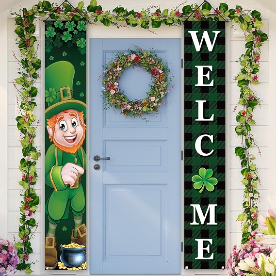 Rvsticty St Patricks Day Decorations Green Lrish Spirit Front Porch Weclome Sign Irish Shamrock Gnomes Banner St. Patrick's Day Decorations for Home Party