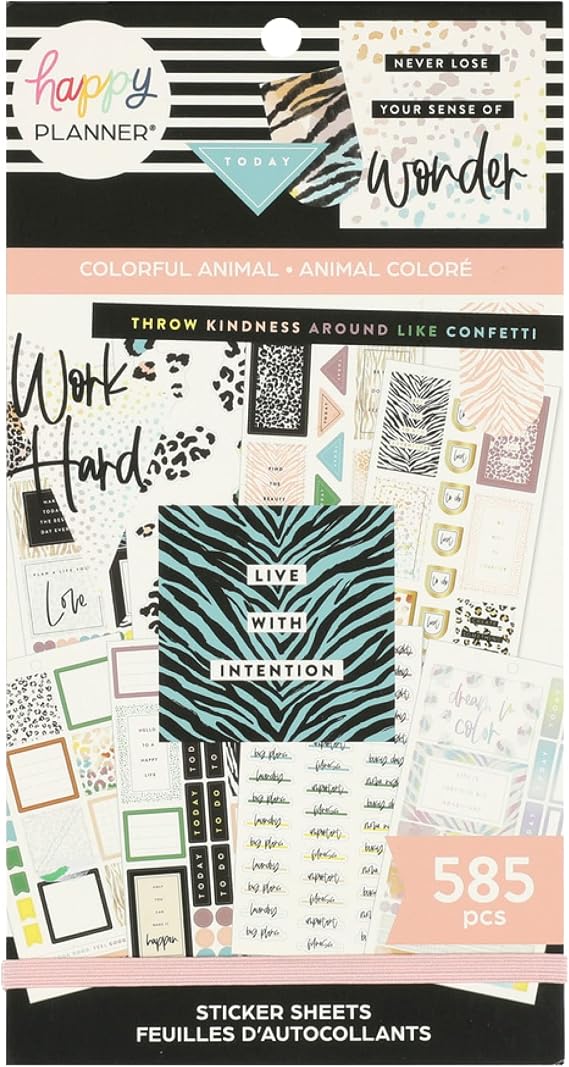 Happy Planner Sticker Pack for Journals and Diary Planners, Multicoloured Scrapbook Accessories, Aesthetic Planner Stickers, Colourful Animal Theme, Classic Size, 30 Sheets, 585 Total Stickers