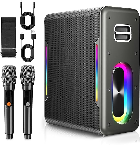 Portable Karaoke Machine, with 2 Wireless Microphones & LED Party Lights