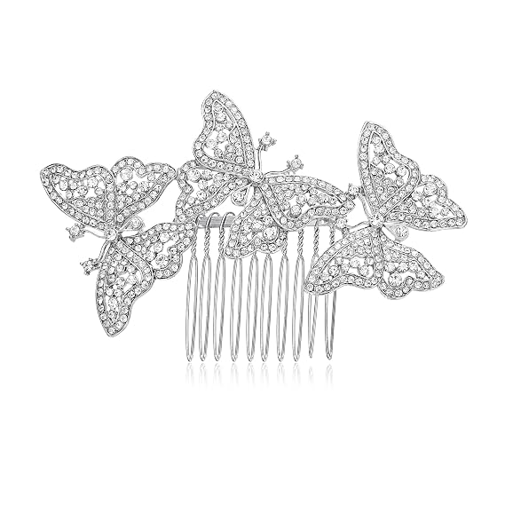 EVER FAITH Austrian Crystal Bridal 3 Butterfly Insect Animal Hair Comb Clear Silver-Tone