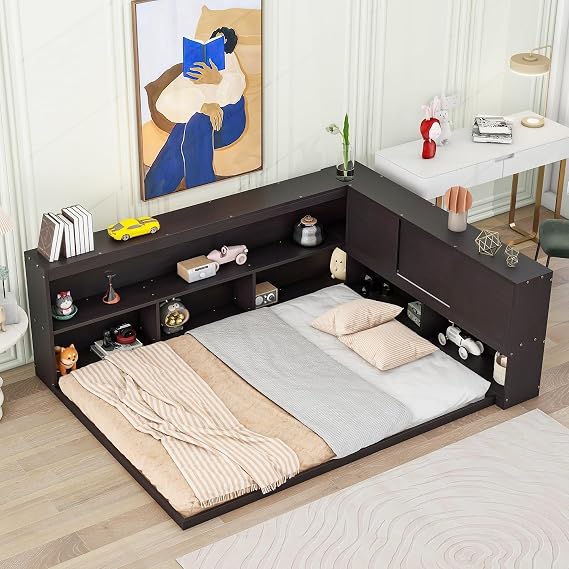Full Size Corner Bed Frame with Bookcases, Wood L Shaped Bed Frame with Storage Headborad(Sliding Doors), Bookcase Bed for Teen, Toddler and Kids, Easy Assembly (Espresso)