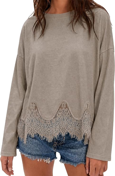 Tankaneo Womens Long Sleeve Lace Tops Oversized Crew Neck Casual T Shirts