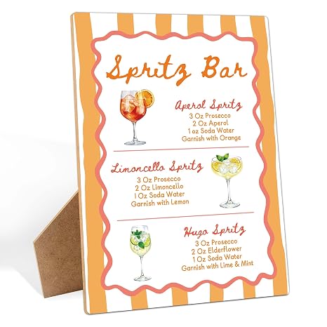 Spritz バーサイン Aperol Hugo Limoncelo Spritz カクテルレシピドリンクステーション 木製サイン ベビーシャワーとブライダルシャワー用、レセプションホームパーティーテーブル装飾用ウェディングサイン 8 x 11インチ