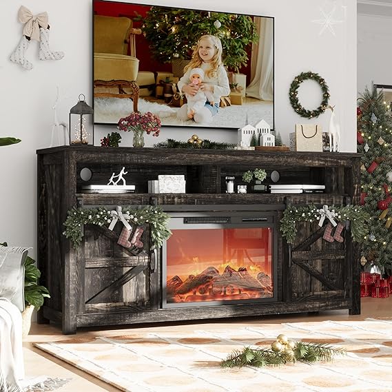 Fireplace TV Stand for TVs Up to 70", Entertainment Center with Fireplace Includes 12 Color Light Options, Black TV Stands for Living Room, Bedroom, 58 inch TV Stand