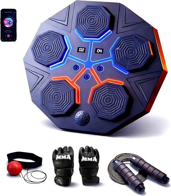 Music Boxing Machine for Adults, Bluetooth Wall Mounted Punching Machine, Interactive Boxing Trainer with LED Targets, Pro Boxing Gloves & Reflex Ball Headband, Home Gym Cardio Workout Training