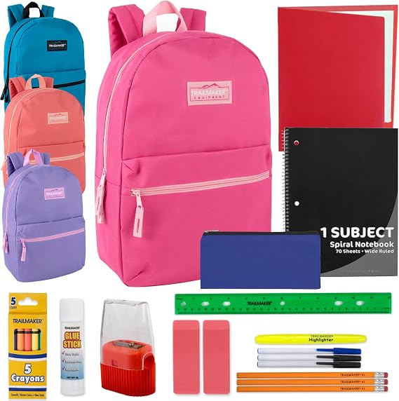 24 Pack Bulk Backpacks with School Supplies for Kids - Trailmaker Wholesale Backpack and School Supplies Kits (Girls Colors Pack)