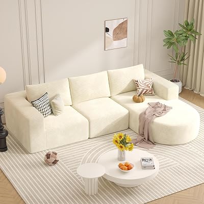 Modular Sectional Sofa with L-Shape Chaise,Cloud Sectional Modern Sleeper Couch with Deep Seat,Sponge Compression Sofas No Assembly RequiredBeige-Corduroy Fabric 1PCS