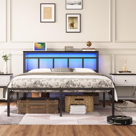 Queen Size Metal Bed Frame with Led Lights Headboard, Under Storage | Modern Platform Bed Frames, Charging Station, Mattress Foundation, No Box Spring Needed, Easy Assembly, for Bedroom