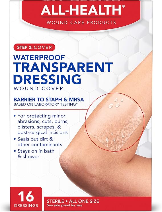 All Health Clear Waterproof Transparent Dressing Wound Cover, 2.36 in X 2.75 in, 16 Count