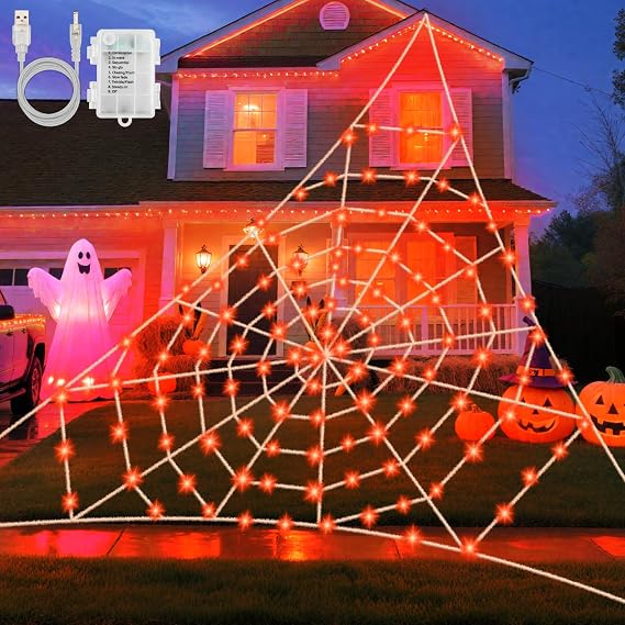 Halloween Decorations Spider Web Lights, 5x5M 120LED Orange Giant Spider Web Lights USB/Battery with Timer 8 Modes Waterproof for Patio Garden Haunted House Outdoor Indoor Halloween Decorations