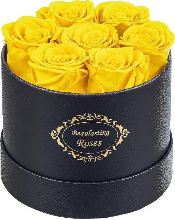 Rosebox Preserved Rose 1 Year Black Round Box 7 Yellow Rose