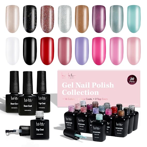Nicole Miller Gel Nail Polish Collection: 20-Piece Set with 16 Vibrant Colors, 2 Base Coats, and 2 Top Coats - 0.20 fl oz Each