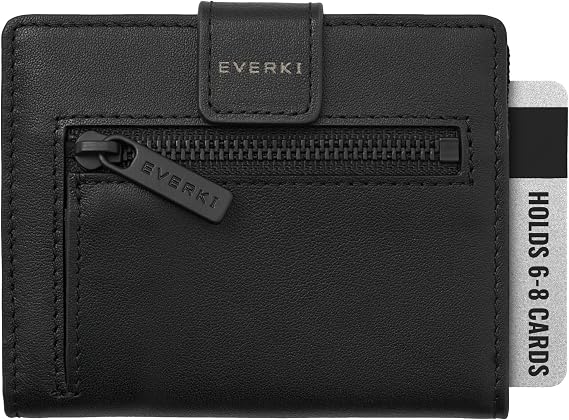 EVERKI RFID Blocking Men's Slim Bifold Wallet, 6-8 Card Slots, Black | Premium Leather, Lightweight, Slim and Compact Design, Magnetic Closure, Exclusive Organization, Coin, Stash and Zip Pocket