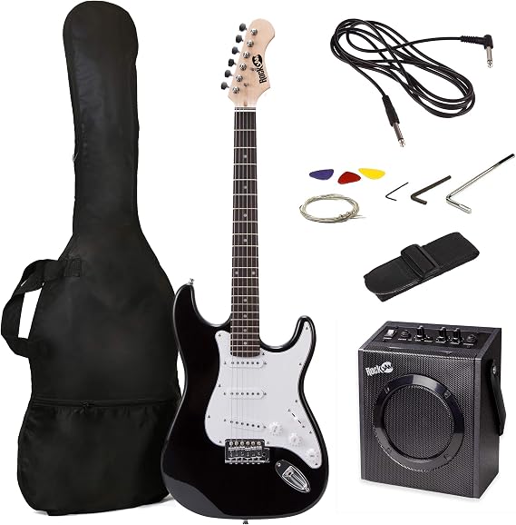 RockJam Full Size Electric Guitar Kit with 10W Amp & Gig Bag, Black | Beginner electric guitar starter kit with 10 watt amplifier, gig bag, strap, whammy bar, picks and spare strings