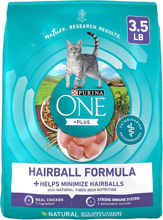 Purina ONE Natural Hairball Control Dry Cat Food, 3.5 lb Bag | Real chicken high fiber formula with added vitamins and minerals for overall health for adult cats and minimizes hairballs