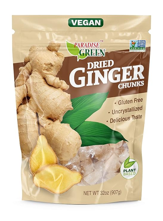 Paradise Green Dried Ginger Chunks, Uncrystallized | Vegan | Plant Based | Non-GMO, 32 oz