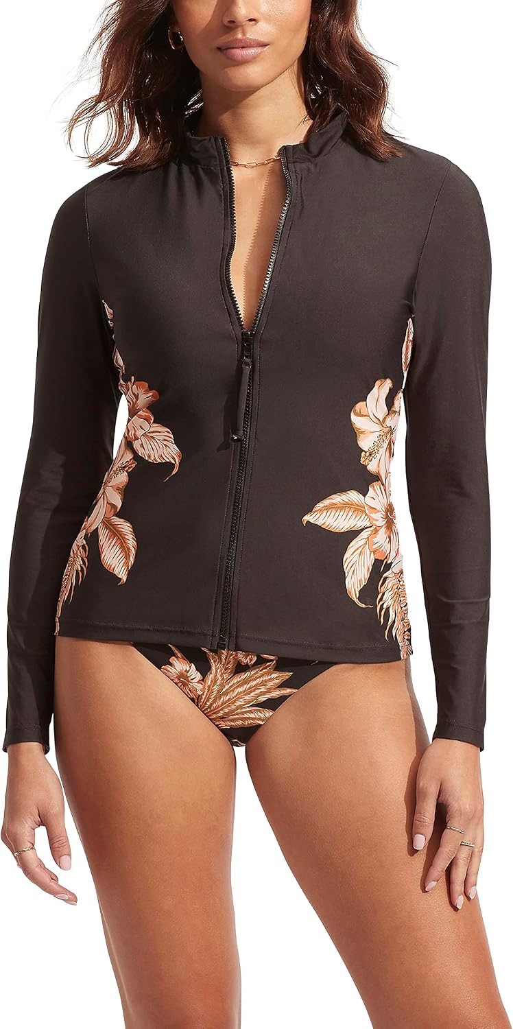 Seafolly Womens Long Sleeve Zip Front Rashguard with Removable Cups