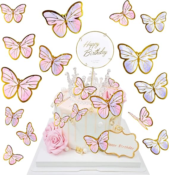 50Pcs Butterfly Cupcake Toppers Pink Purple Color Gold Edge 3D Butterflies Cake Topper for Girls Women Baby Shower Birthday Party Wedding Wall Food Decorations