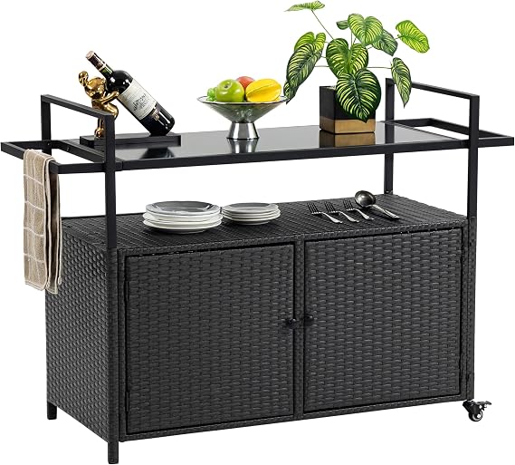 HOMEFUN Outdoor Bar Cart Table - Patio Console Storage Cabinet BBQ Grill Carts Buffet with Wheels Waterproof Wicker Serving Tables for Outside, Black
