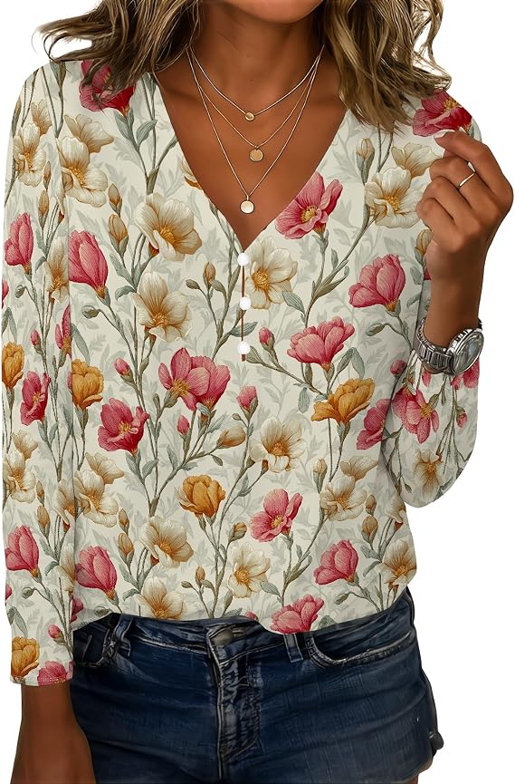 Womens Tops 2025 Casual Long Sleeve Shirts V Neck Loose Casual Button Down Boho Blouses Floral Print Tshirts