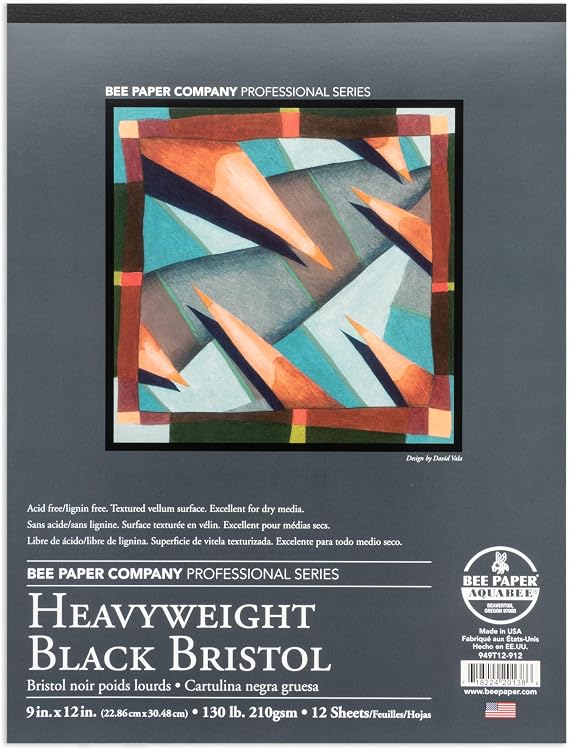 Bee Paper - 9"x 12" Heavyweight Black Bristol Paper Pad, 12 Sheets