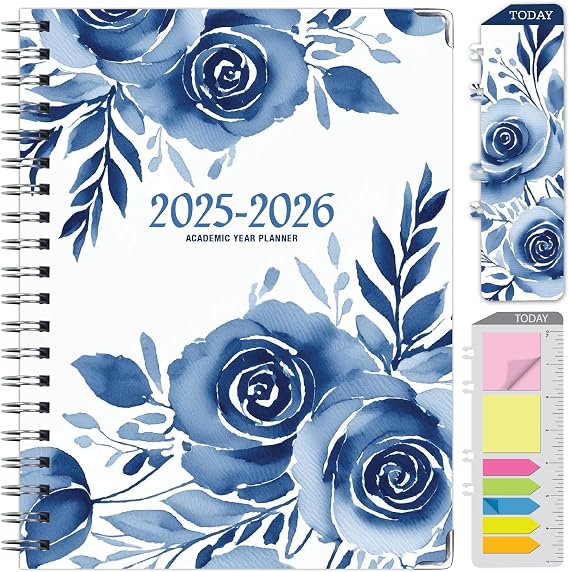 HARDCOVER Academic Year 2025-2026 Planner: (June 2025 Through July 2026) 8.5"x11" Daily Weekly Monthly Planner Yearly Agenda. Bookmark, Pocket Folder and Sticky Note Set (Blue Bloom)